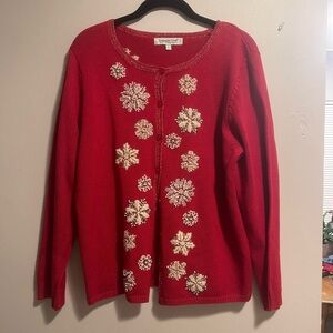 Vintage Coldwater Creek Red White Snowflake GrandmaCore Sweater Cardigan Holiday